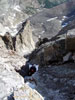 Michael negotiates the final ice-covered rock step of Dream Weaver Couloir....