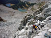 Me downclimbing Gash Ridge with unnamed lakes below....