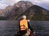 Mount Moran looms big as we paddle across Leigh Lake....